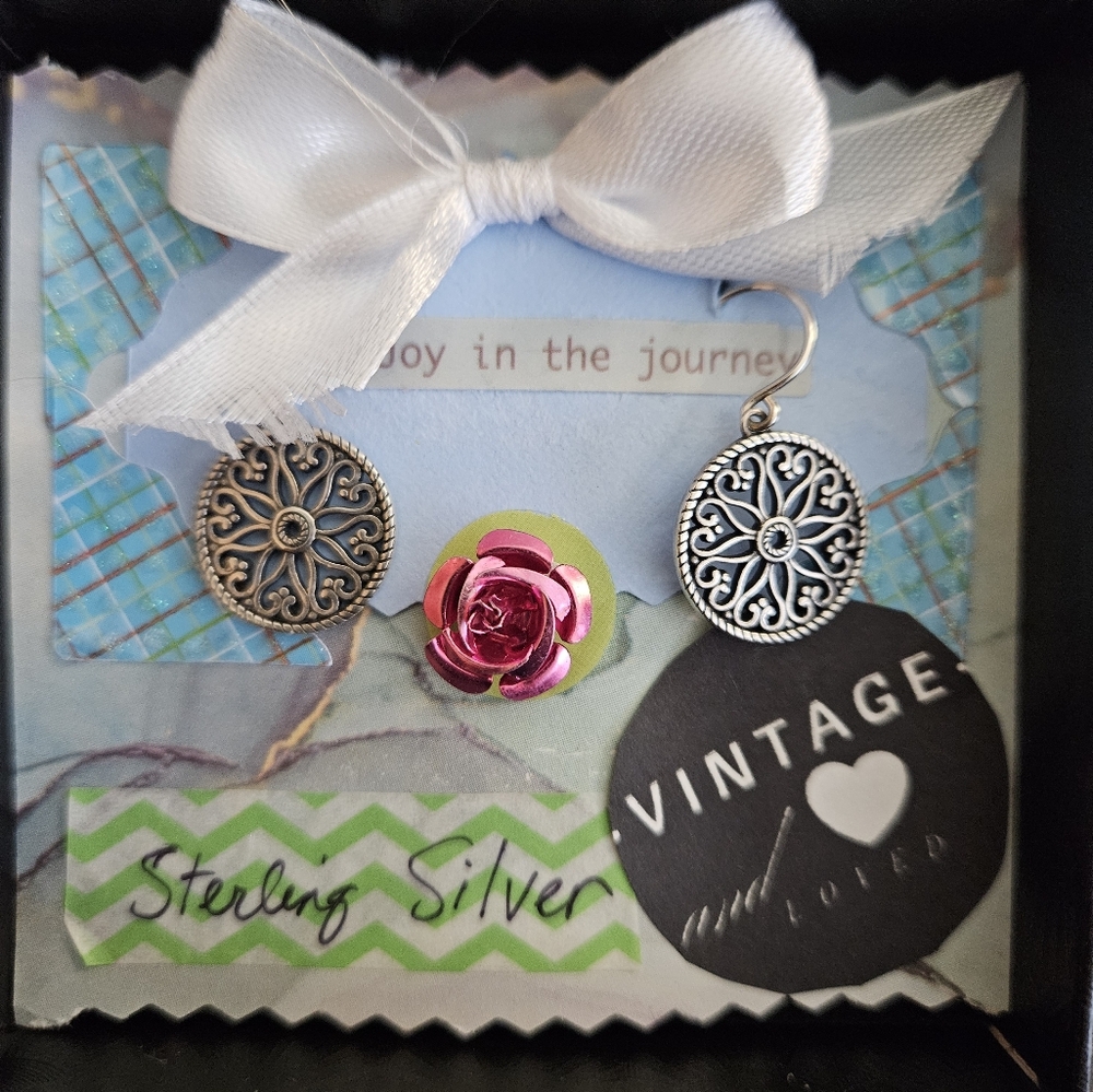 Sterling Silver Vintage Hook Earrings Filigree Floral Scrapbook Style Gift Box